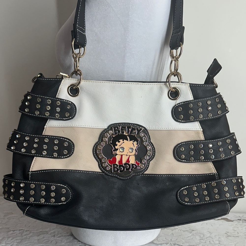 Betty Boop Black, Cream & Beige Studded Shoulder Bag